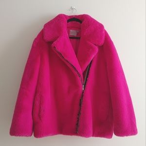 Bright pink faux fur coat